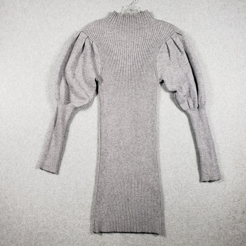Papaya Women Dress M Gray Mock Neck Puff Sleeve Ribbd Knit Bodycon Dark Academia